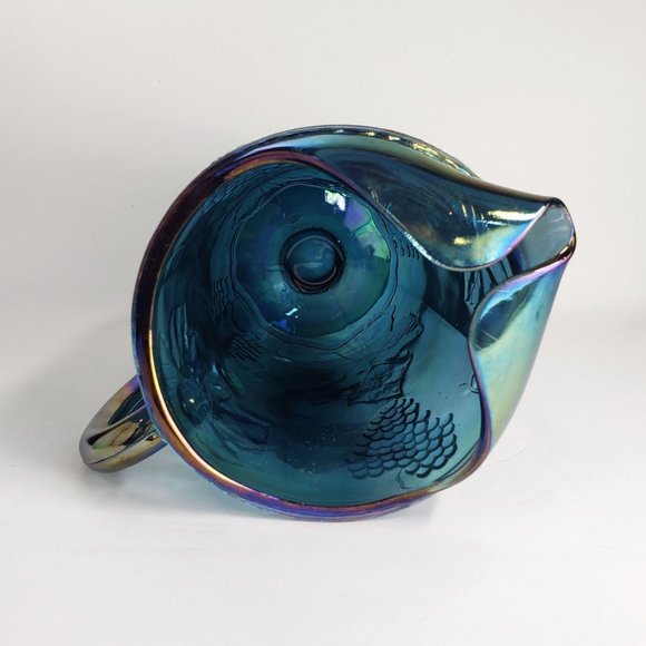 VTG Iridescent Electric Blue Purple Carnival Glass Pitcher Grape & Leaf Pattern - Picture 7 of 9